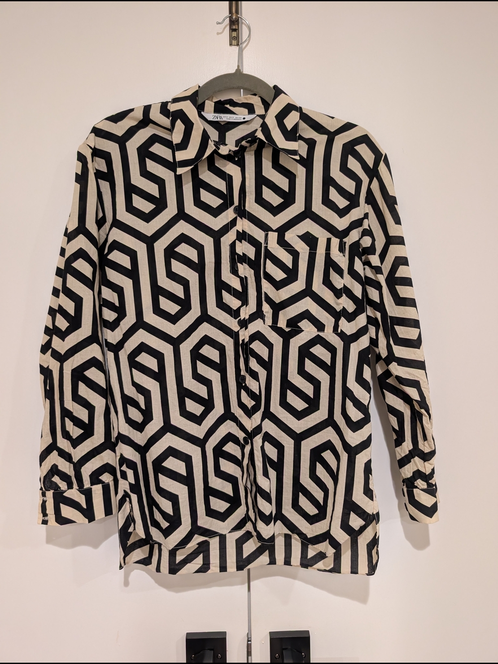 Zara Black and Cream Geometric Button-Down Shirt